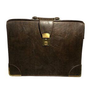 Vintage Cheney England Brown Leather Briefcase With Brass Hardware 17 x 13"